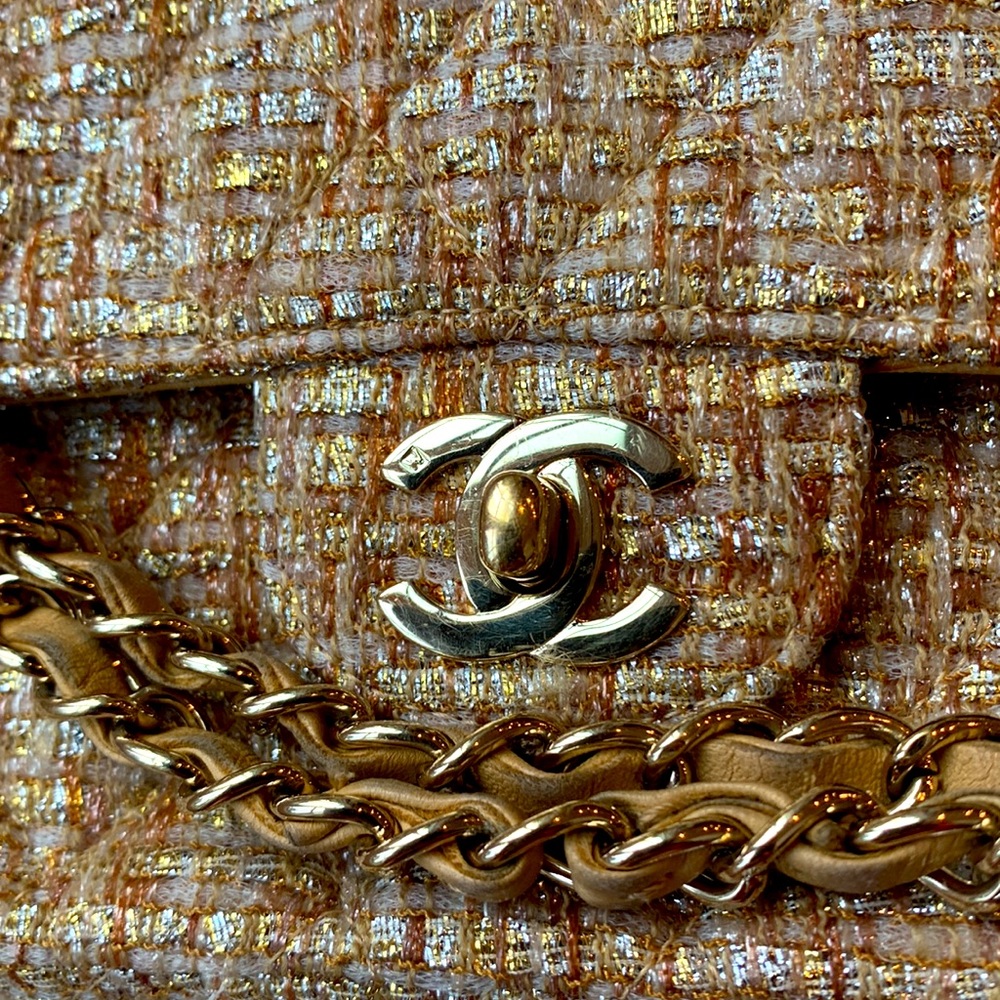 Vintage 🤎 CHANEL RARE Metallic Gold Silver Tweed Quilted 2.55 Double Flap Bag - Picture 14 of 16